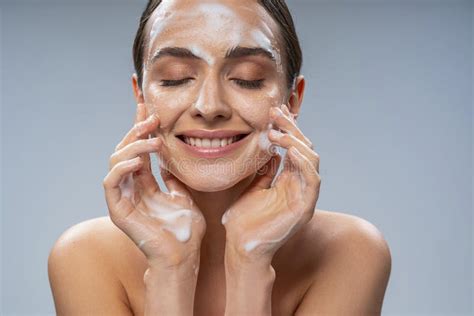Young Pretty Lady Washing Her Face With Soap Stock Image Image Of