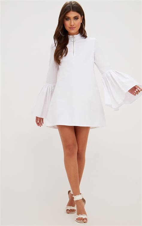 white cotton flared sleeve shift dress dresses prettylittlething il