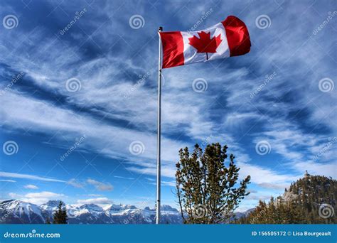 Canada Flag Over The Mountains Stock Photo Image Of Banff Beautiful