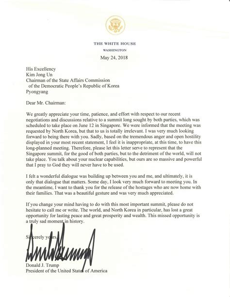 The more specific the information the more. Letter to Chairman Kim Jong Un | The White House