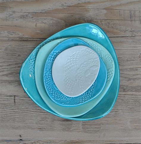 Set Of 4 Laced Turquoise Blue Pottery Dishes Doily Stamped Etsy