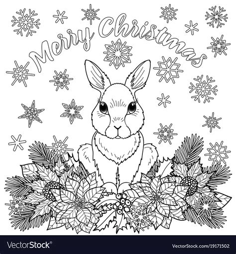 Merry Christmas Coloring Page With Rabbit Vector Image