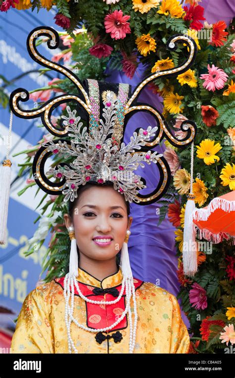 Thailand Chiang Mai Chiang Mai Flower Festival Girl In Traditional Chinese Costume Stock