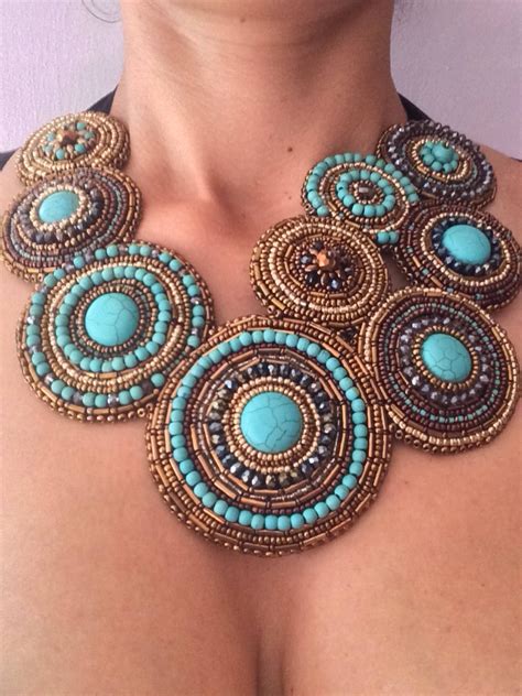 Turquoise Necklace Embroidery Necklace Etsy In 2021 Beaded Bib