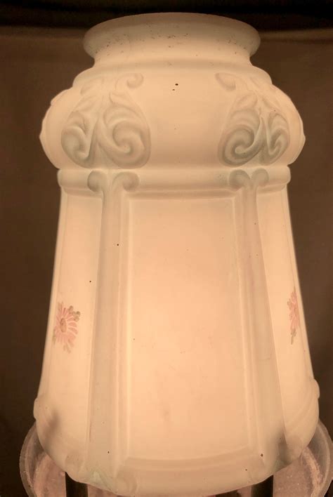 Antique Victorian Blue Frosted Glass Lamp Shade With Scroll Pattern And Painted Flowers