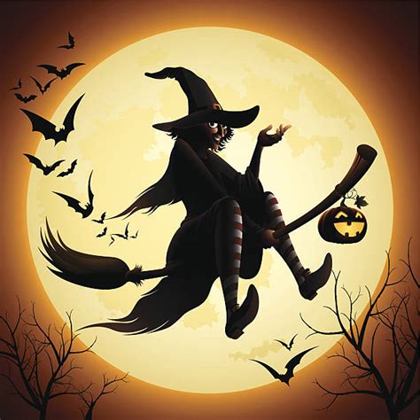 Silhouette Of The Witch Flying On A Broom Illustrations Royalty Free