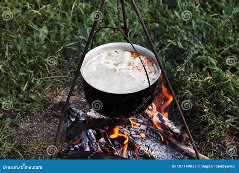 Cooking Campfire Soup Stock Image Image Of Fire Preparation