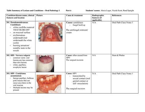 Part 6 Table Summary Of Lesions And Conditions Table Summary Of