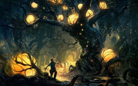 Free Wallpapers Dark Forest Trees Lights Lanterns