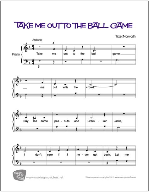 Take Me Out To The Ball Game Beginner Piano Sheet Music Digital Print
