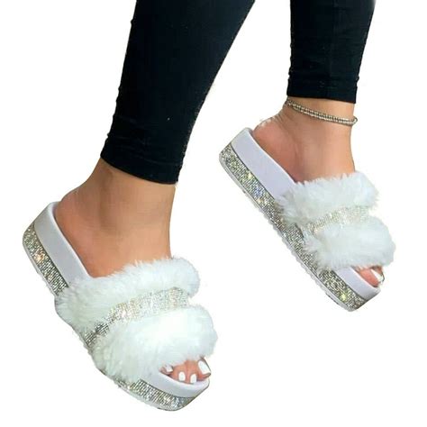 Wodstyle Womens Rhinestone Faux Fur Slippers Platform Flat Shoes