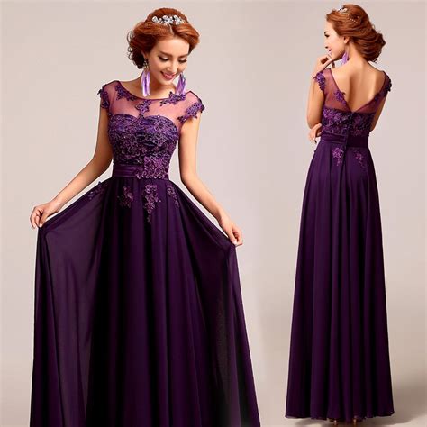 Deep Plum Purple Chiffon Lace Floor Length A Line Evening Gown Red