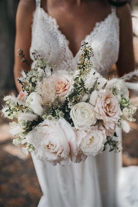 Bridal Bouquet With Blush Peonies Bunny Tails And Pampas Grass Bridal Bouquet Peonies Bridal