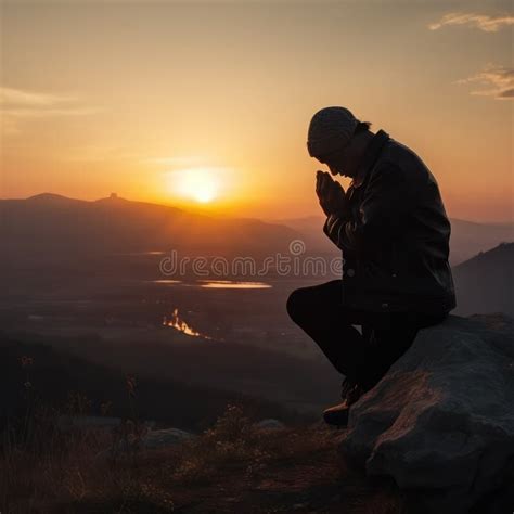 Silhouette Man Praying At Sunset Mountains Travel Lifestyle Spiritual