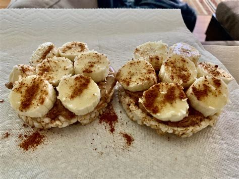 My Go To Lunch Rice Cakes With Almond Butter Banana Slices And A