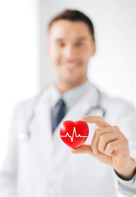 Male Doctor Holding Red Heart With Ecg Line Stock Image Image Of