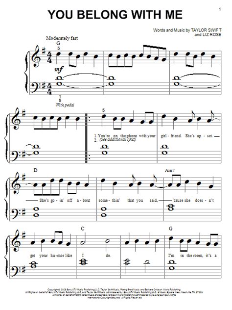 You Belong With Me Sheet Music By Taylor Swift Piano Big Notes 74571
