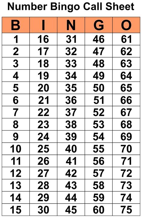 Printable Number Bingo Call Sheet Bingo Calls Bingo Sheets Bingo