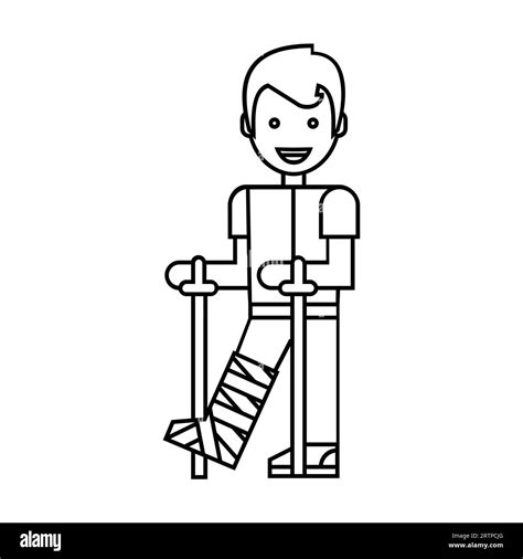 Simple Outline Of Man With Broken Leg And Crutches Vector Icon Stock