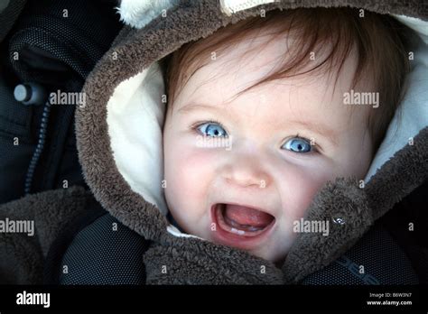 Beautiful Blue Eyed Brown Haired Baby Smiling In Pram Stock Photo