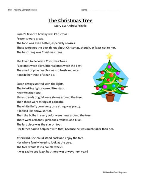 Reading Comprehension Worksheet The Christmas Tree