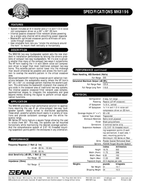 Eaw Subwoofer Mk8196 Specifications Pdf Download Manualslib