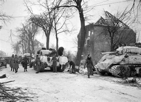 Churchill And M4 Tanks In Winter Camouflage At Lindern Germany 1945