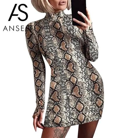 Anself Snake Skin Print Bandage Dress Women Turtleneck Bodycon Dress