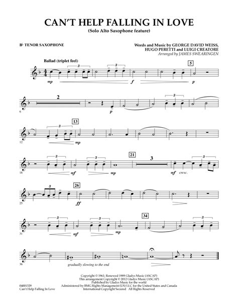 Download Can T Help Falling In Love Solo Alto Saxophone Feature Bb Tenor Saxophone Sheet