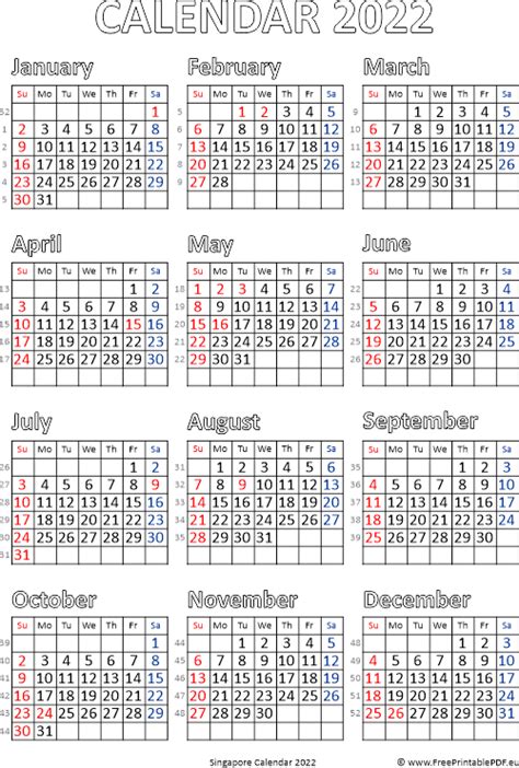 Calendar 2022 Singapore Free Printable Pdf