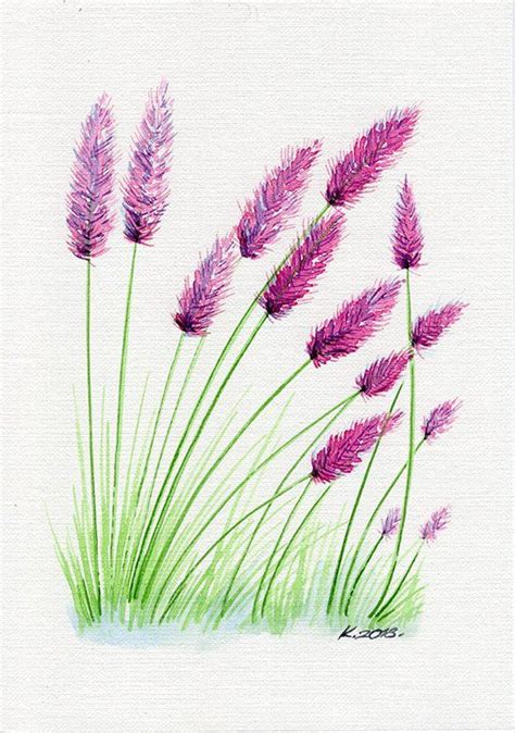 Flowers Grass Herbs Pink Green Watercolor Original Grass Painting