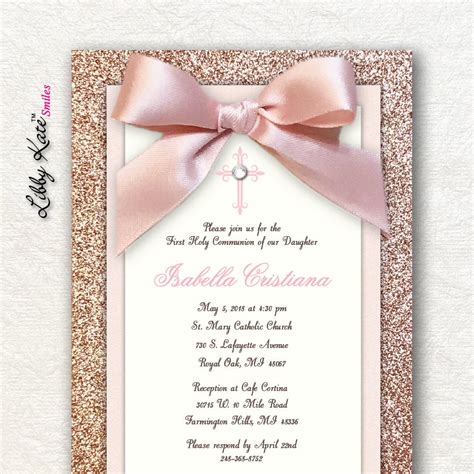 Rose Gold First Communion Invitation Girl First Holy Communion Etsy