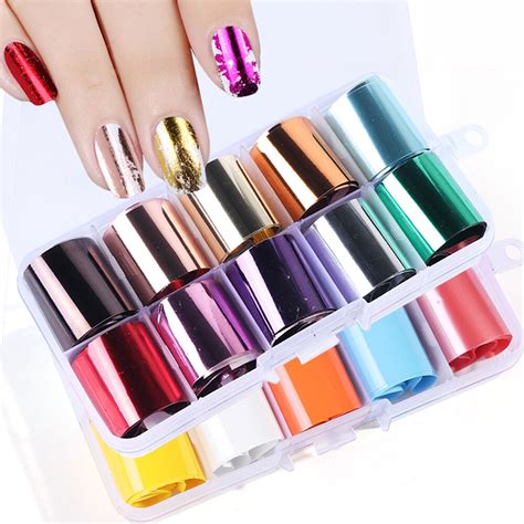 10 Roll Nail Wraps Foils Stickers Set Mix Metal Mirror Transparent