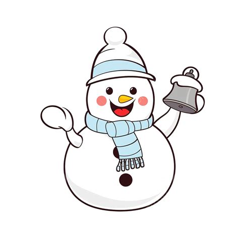 Outlined Happy Snowman Cartoon Character Ringing A Bell Vector