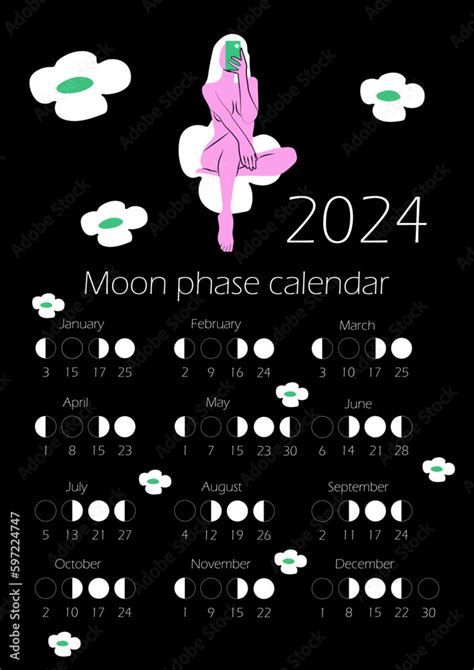 Moon Phases Calendar With Naked Woman Body In Bright Color Abstract Female Silhouette