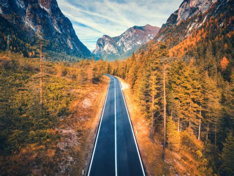 Aerial View Of The Road In Mountain Forest At Sunset Stock Photo By Den