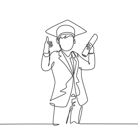 One Line Drawing Of Young Happy Boy Student Wearing Graduation Hat And