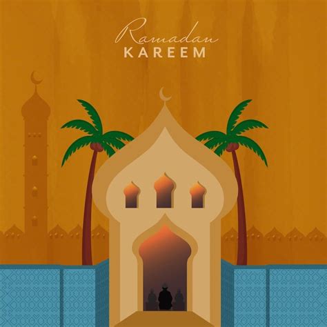 Premium Vector Ramadan Kareem Concept With Mosque View Palm Trees On