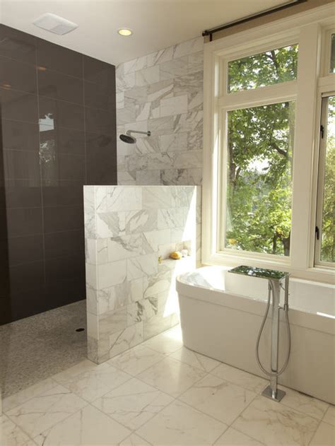 Similar marble tile bathroom ideas are used here. Half Walls With Marble Cap | Houzz