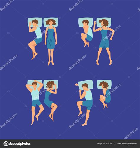 Vector Set Of Couple Of Man And Woman Sleeping On Pillows Poses Illustration — Stock Vector