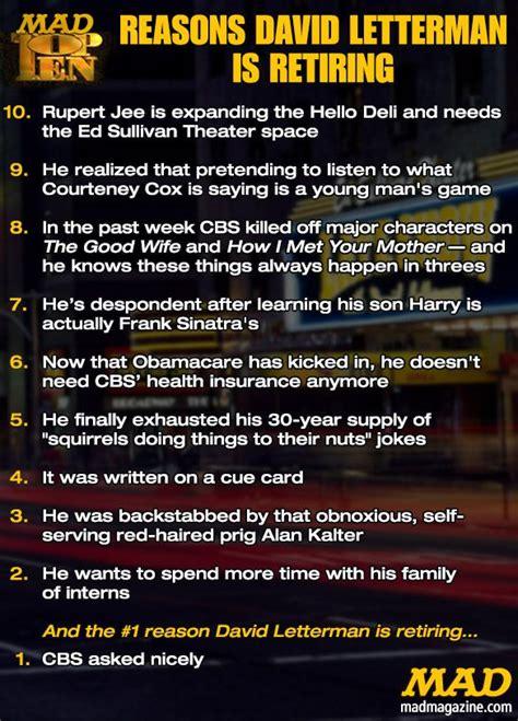 Top 10 Reasons David Letterman Is Retiring David Letterman Lettermen