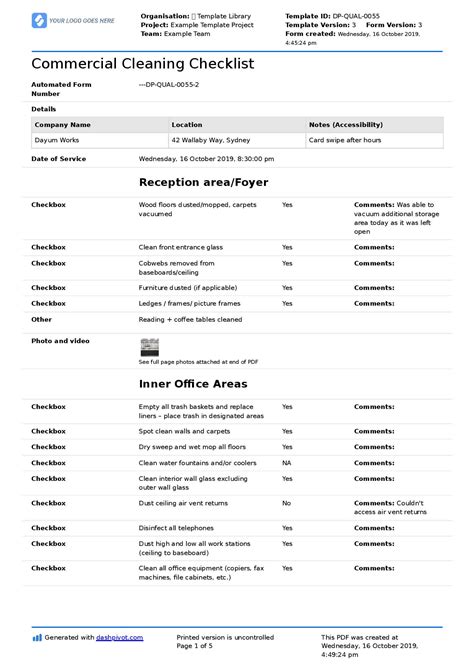 Commercial Cleaning Checklist Template Free Editable Checklist