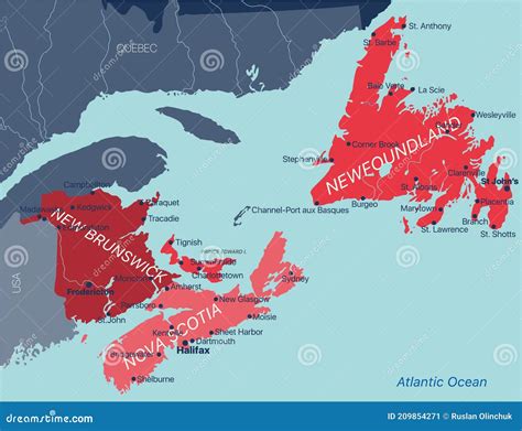 Vektorfarbeditable Karte Von Atlantic Provinzen Kanadas New Brunswick