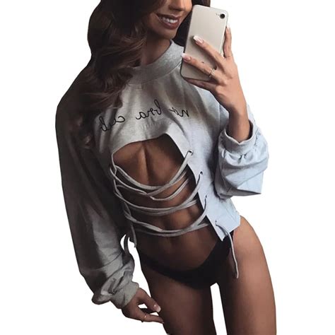 Sexy Woman Crop Tops Long Sleeve O Neck Lace Up Hollow Out Belly Ribbed
