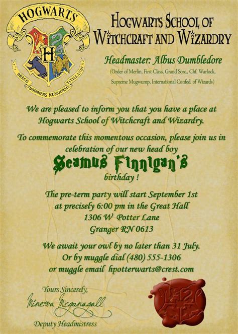 printable birthday invitation hogwarts letter harry potter