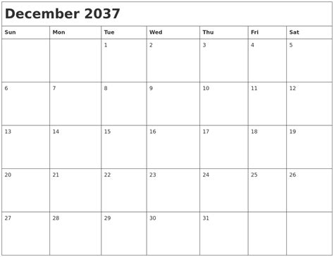 December 2037 Month Calendar