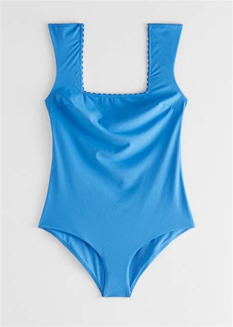 Scalloped Square Neck Swimsuit Swimsuits Blue One Piece Swimsuit