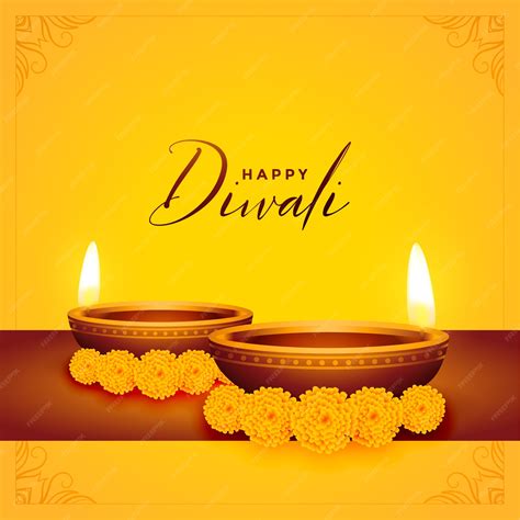 Free Vector Happy Diwali Yellow Background With Diya And Flower