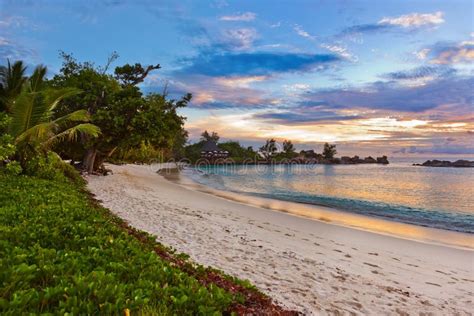 Seychelles Tropical Beach At Sunset Stock Photo Image Of Lagoon