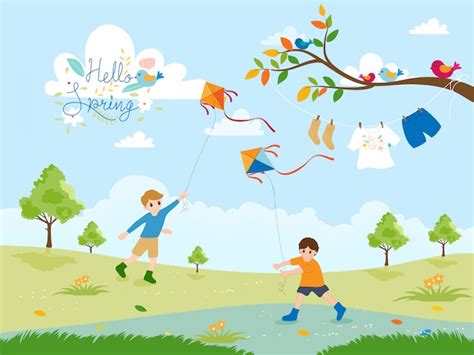 Premium Vector Cute Cartoon Of Two Boys Flying Kites In The Park On